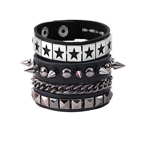 Eigso 2 Stück Punk Stern Muster Leder Manschette Armbänder für Männer Frauen Retro Vintage Leder Nietenarmband Set für Mann Frau von Eigso
