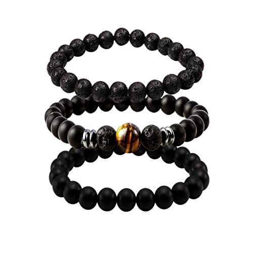 Eigso 3 Pcs Lava Rock Armbänder für Frauen und Männer Diffusing Meditation Holzperlen Armband mit Tigerauge Stein von Eigso