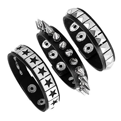 Eigso 3 Pcs Punk Leder Spikes Armbänder für Männer Frauen Retro Vintage Classic Nieten Manschette Armband Set für Mann Frauen von Eigso