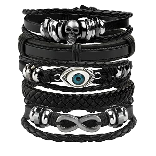 Eigso 5 Pcs Schädel Punk Leder Manschette Armbänder für Männer Frauen Evil Eye Vintage Manschette Armband Set für Mann Frau von Eigso