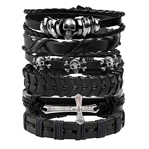 Eigso 6 Stück Punk Leder Manschette Armbänder für Männer Frauen Retro Kreuz Anhänger Steampunk Armbänder für Mann Frau von Eigso