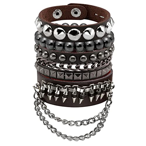 Eigso Braun Nieten Spikes Nieten Lederarmbänder für Männer Frauen Retro Vintage Leder Manschette Armbänder von Eigso