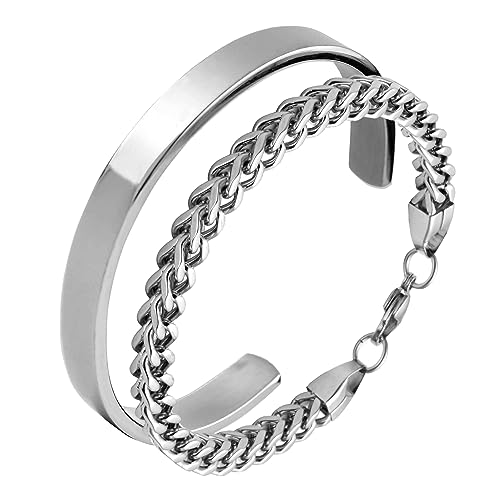 Eigso Edelstahl robuste versilbert poliert Plain Manschette Armreif Set für Männer Frauen Franco Kette Armbänder für Mann Frau von Eigso