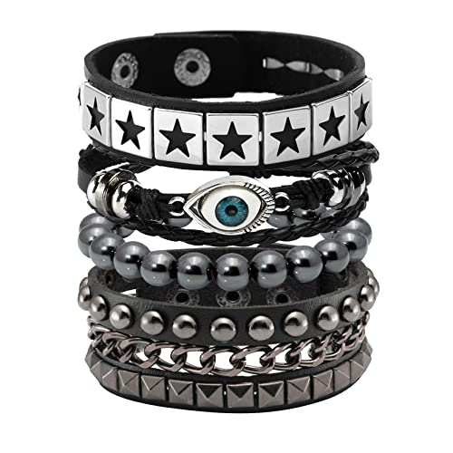 Eigso Punk Evil Eye Leder Nieten Armband Set für Männer Frauen Retro 80s Manschette Armbänder für Mann Frau von Eigso