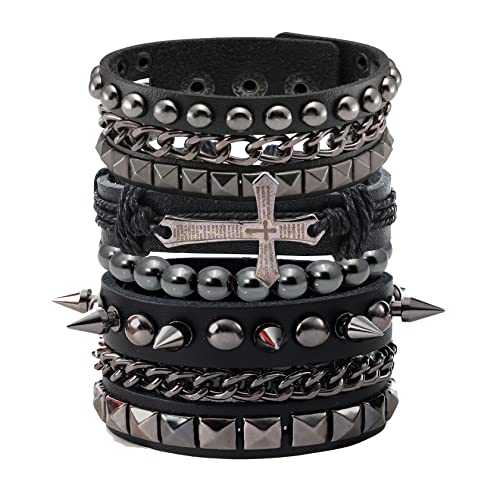 Eigso Punk Kreuz Leder Manschette Armbänder für Männer Frauen Retro Vintage Kette Armband Set für Mann Frau von Eigso