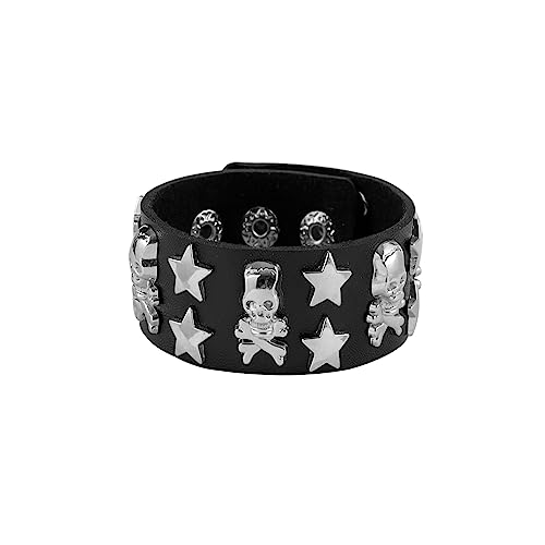 Eigso Punk Leder Stern Nieten Totenkopf Manschette Armband für Männer Frauen Klassische Retro Gothic Armband für Mann Frau von Eigso