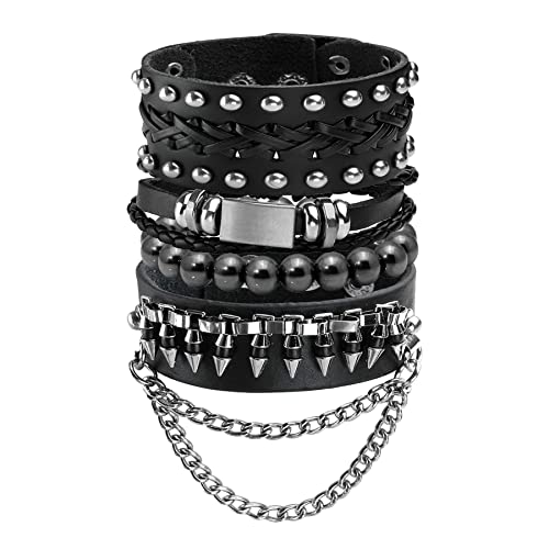 Eigso Punk Lederarmband Set für Männer Frauen Retro Vintage Manschette Armbänder mit Kette von Eigso