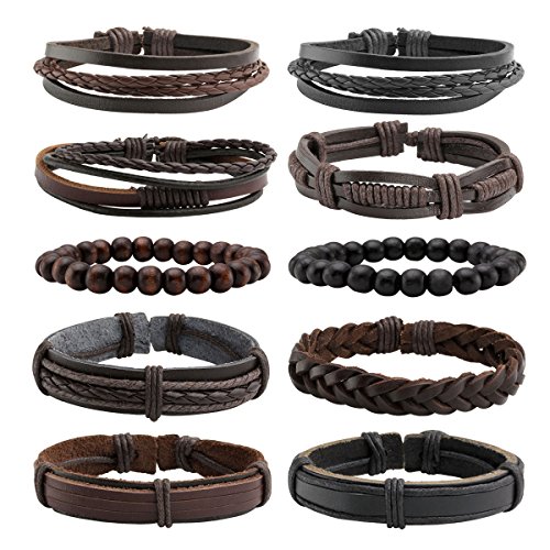 Eigso 10 Pcs Punk Leder Manschette Armbänder für Männer Frauen Retro Vintage klassische geflochtene Armband Set für Mann Frau von Eigso