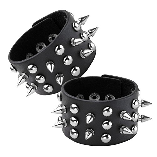 Eigso 2 Pcs Punk Leder Nieten Spikes Armbänder für Männer Frauen Retro Vintage Breite Nieten Rock Armbänder für Mann Frau von Eigso