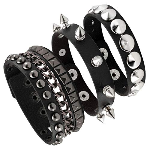 Eigso Punk Armband 3 Stücke PU Lederarmband mit Nieten Ketten Schwarz Einstellbar für Damen Herren von Eigso