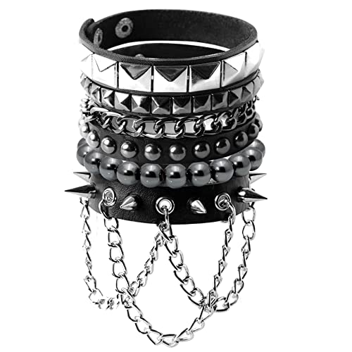 Eigso 4 St Gothic Armband Punk PU Leder mit Nieten Ketten Gallenstein Knopfverschluss Damen Herren von Eigso