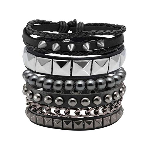 Eigso Punk Armband 4Pcs PU Lederarmband Schwarz Gothic mit Legierung Kette Gallensteine Verstellbar von Eigso