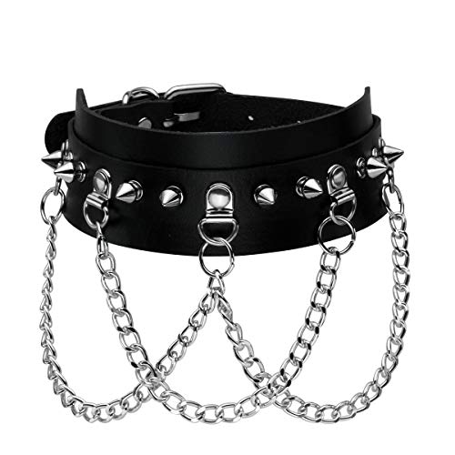 Eigso Punk Gothic Halsband PU Leder mit Ketten Nieten und Legierung Verschluss für Damen und Herren von Eigso