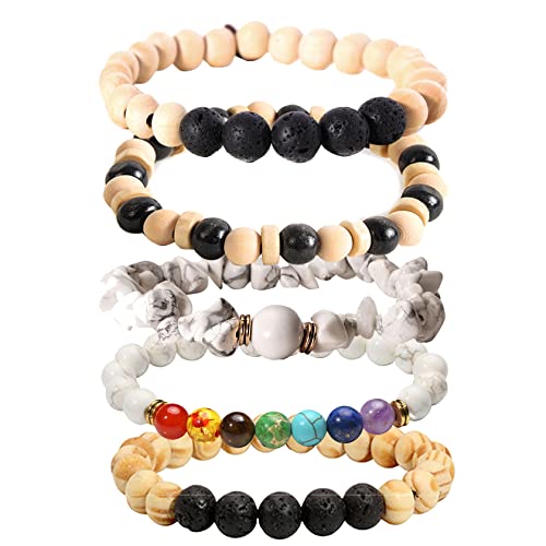 Eigso Lavastein-Holzperlen-Armbänder für Männer und Frauen, 7 Chakra, weißes ätherisches Öl, Stretch-Armbänder, Mala-Steine, Armreifen mit geflochtenem Seil, verstellbar von Eigso