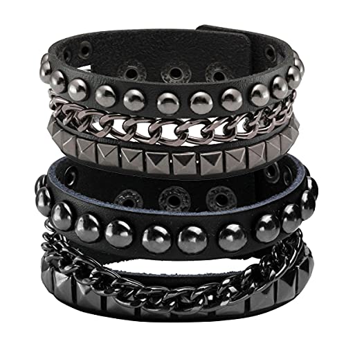 Eigso 2 Stück Armband Punk Gothic mit Ketten runde und viereckige platte Nieten für Damen Herren von EIGSO