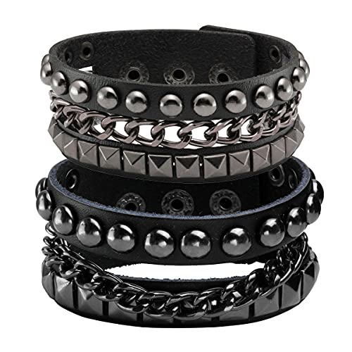 Eigso 2 Stück Armband Punk Gothic mit Ketten runde und viereckige platte Nieten für Damen Herren von Eigso
