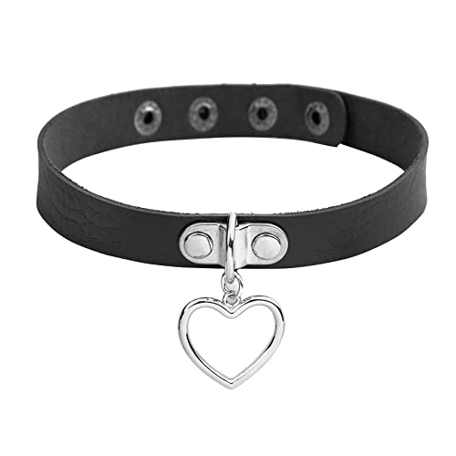 Eigso Schwarz Punk Leder Choker Halskette für Damen Herren Kragen PU Leder mit Herz Anhänger verstellbar von Eigso