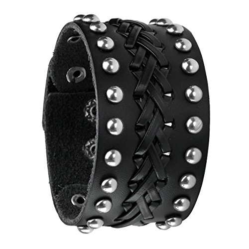 Eigso Schwarz Retro Punk Breitgürtel Braide PU Armband Runde Nagel Druckknopf Armband für Männer Frauen von Eigso