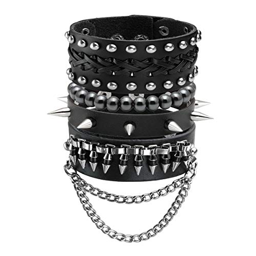 Eigso 4 Stück Punk Leder Manschetten Armbänder für Herren Damen Spikes Nieten Nieten Armbänder verstellbar von Eigso