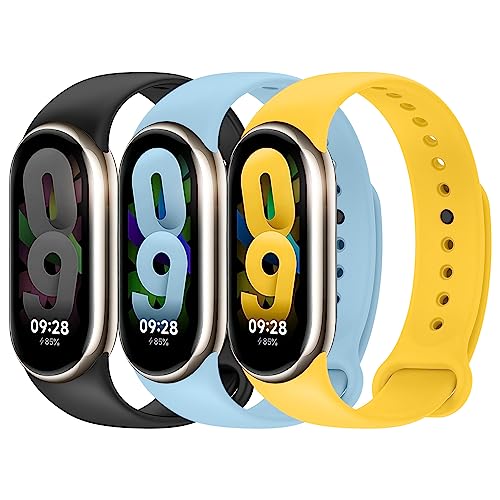 3 Stück Armbandersatz kompatibel mit Xiaomi Mi Band 8 Damen Herren ,Verstellbares weiches Silikon Sportband für Xiaomi Band Mi Band 8 Armband Zubehör,Schwarz/Leuchtendes Gelb/Hellblau von EIHAIHIS