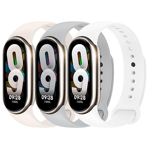 3 Stück Armbandersatz kompatibel mit Xiaomi Mi Band 8 Damen Herren ,Verstellbares weiches Silikon Sportband für Xiaomi Band Mi Band 8 Armband Zubehör,Starlight/Weiß/Grau von EIHAIHIS