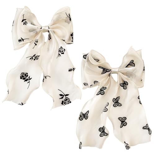 EIH 2 Pieces Haarschleifen Clips,Haarschleifen Mädchen,Mit Schmetterlings- und Rosendruck,Haarschleifen Mädchen,Langer Schwanz Französisches Band Haarnadeln,für Mädchen Frauen von EIHI