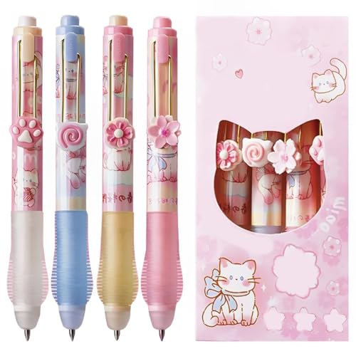 EIH Set mit 4 Radierbaren Gelstiften mit den Motiven Sakura Kätzchen,Radierbarer Kugelschreiber,Gelstifte,Radierstift,Kugel am Ende Zum Entfernen der Tinte,Schwarz,Durchmesser der Mine 0.5 von EIHI