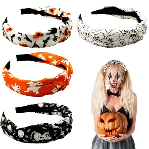 EIH1 4 Stück Halloween Damen StirnbäNder Bedruckte Breite Twist Haarband Stirnband Geister Fledermäuse Katzen Breit Haarband Geeignet fur Frauen und MäDchen von EIHI