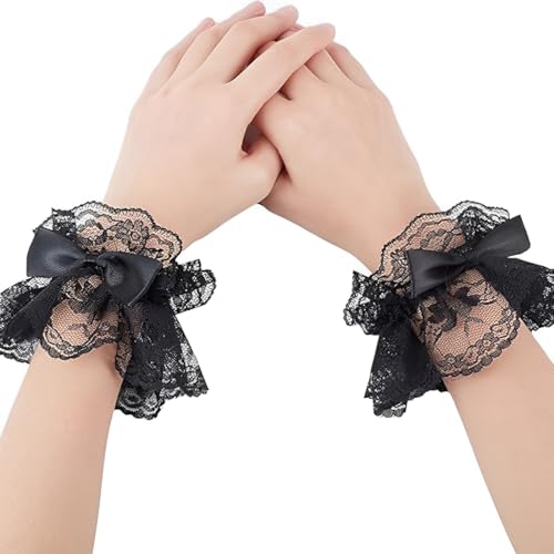 EIHI 1 Paar Fliege Lolita-Spitzenmanschetten Schwarze Steampunk-Handgelenkmanschetten Fingerlose Brauthandschuhe Für Den Abschlussball Falsche Ärmel Gerüschtes Gothic-Kostümzubehör Hochzeitskleid von EIHI