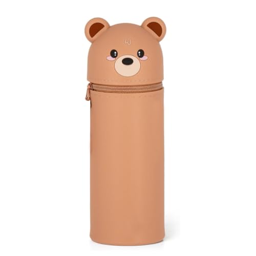 EIHI 1 Stück 2-In-1 Schulmäppchen Aus Weichem Silikon, H 18,5 cm,Tischstifthalter, Reißverschluss, Federmäppchen,Buntstifte, Marker, Erasable Pen(Braunbär,B) von EIHI