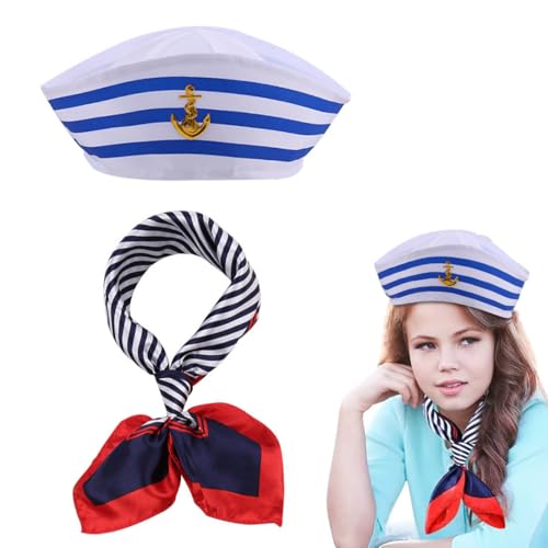 EIHI 1 Stück Kapitän Matrosen Kostüm Set, Streifen Matrosenmütze und Schal Set,Matrosen Mütze, Einheitsgröße, Marine Outfit, Verkleidungsparty für Damen und Herren, Kostümzubehör von EIHI