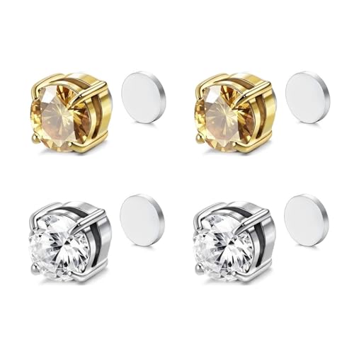 EIHI 2 Paare Magnet Ohrringe Herren,Edelstahl Magnetische Ohrstecker Für Männer Frauen Nicht Piercing Hypoallergen Non-Piercing Clip On Ohrringe Zirkonoxid (6Mm) von EIHI