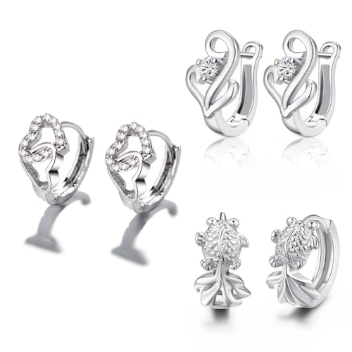 EIHI 3 Paare Silber Ohrringe Set -Damen Creolen Silber- Herzform Ohrstecker für Damen Hypoallergen Knorpel Huggie Creolen Silber und Kugel Zirkonia Ohrstecker Silber für Mehrere Ohrlöcher von EIHI