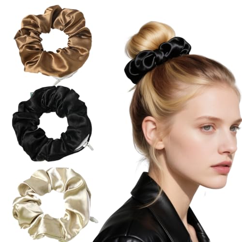 EIHI 3 Stück Elastische Zopfgummis,Haargummis mit Reißverschluss Tasche,Silk Scrunchies,Sanfte Haargummis,Haargummi für Pferdeschwanz Damen,Scrunchies mit Versteckter Reißverschlusstasche von EIHI