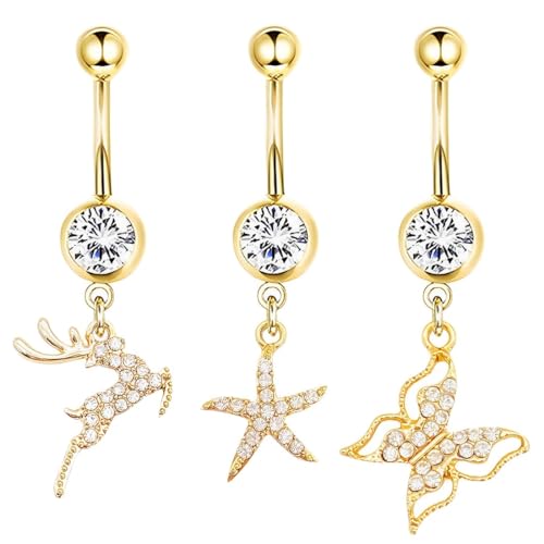 EIHI 3er Set Bauchnabelpiercing Gold Chirurgenstahl Anhänger Piercing Bauchnabel Schmuck Damen mit Hirsch Anhänger - Schmetterling und Stern von EIHI