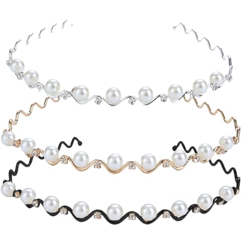 EIHI 3er Set Damen Haarreif-Metall Haarbänder Wellen-Haarbänder mit Diamanten Strasssteinen Perlen Stirnbänder,Beaded Headbands, Hair Band for Girls and Women in Schwarz, Silber und Gold von EIHI