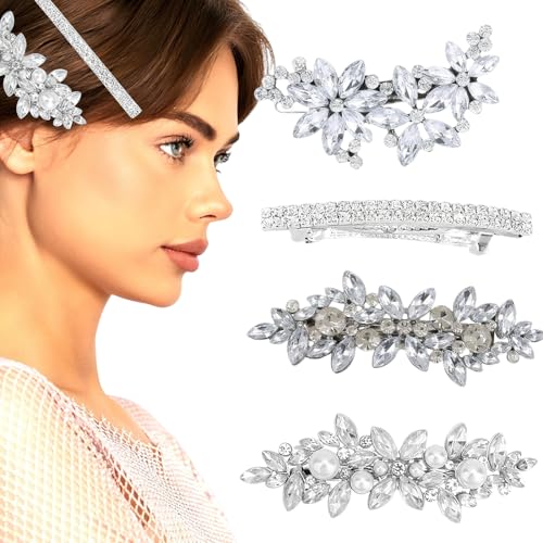 EIHI 4 Stück Glitzer Kristallperle Haarklammer Kristall Haarspangen Silber Strass Haarspangen Blume Hochzeit Kopfbedeckung Elegante Strass Haarschmuck Braut Kopfbedeckung Deko für Frauen Mädchen von EIHI