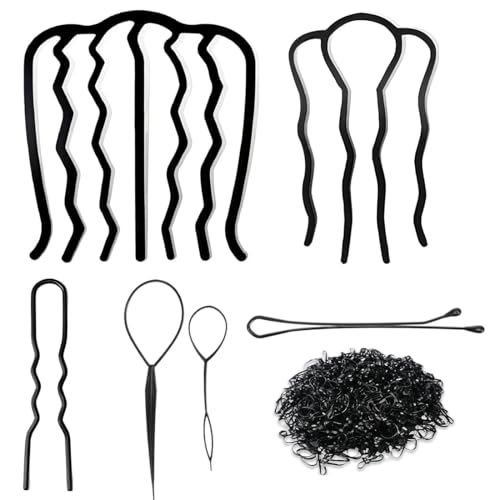 EIHI 6 Stück Haarnadeln Set in Schwarz - Französische Twist Haarnadeln mit Haarkamm und Haarstick für Flechtfrisuren, Duttkissen und Vintage-Styling Tool Zubehör für Frauen Mädchen von EIHI