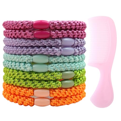 EIHI Elasitc Haargummis für Damen und Mädchen, Baumwollbänder, Pferdeschwanz-Halter für dickes Haar und lockiges Haar, 1 rosa tragbarer Kamm, 11 Stück von EIHI