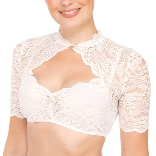 EIHI Frauen Bluse, Dirndl Bluse, Spitze Bluse, Kurzarm Dirndl Bluse mit Spitzenausschnitt und Knöpfe auf der Brust von EIHI
