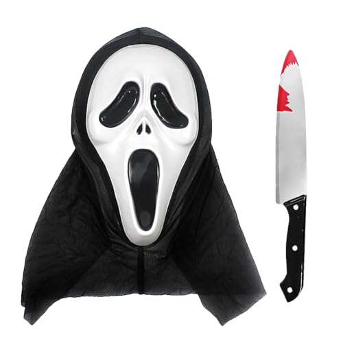 EIHI Gruseliges Geistergesicht Scream Maske mit Spielzeug Scream messer,Cosplay Kostüm Halloween Karneval Accessoire,Halloween Mask von EIHI
