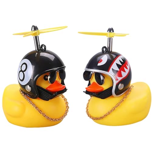 EIHI Moped Zubehör, Gummiente, Gummi Gelb Ente Auto Ornament, Coole Fahrradglocke Dekorationen mit Propellerhelm für Erwachsene Kinder, Hai und Schwarze Acht, 2 Stück von EIHI