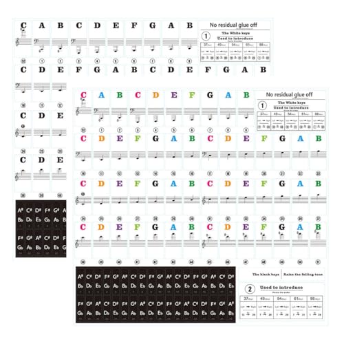 EIHI Zwei AufkleberSets Bunte abnehmbare Piano Keyboard Note Etiketten mit Klavier Akkord Chart Poster Silikon Piano Noten Aufkleber Guide für Anfänger wiederverwendbar 88 Key Full Size Piano von EIHI
