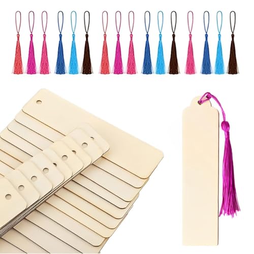 EIHI Lesezeichen basteln - 20 Stück Holz 3,2x12cm mit 20 Stück Quasten Anhängern 13cm - Holz Blanko Lesezeichen - Personalisiert - DIY Handwerk Geschenke von EIHI