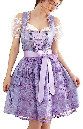 EIISSION Dirndl Damen Midi Trachtenkleid inkl. Trachtenrock Dirndlbluse Dirndlschürze Germandress für Oktoberfest Lila 48 von EIISSION