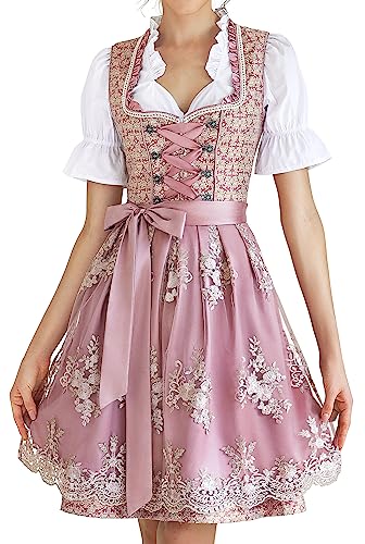Dirndl Damen Midi Trachtenkleid inkl. Trachtenrock Dirndlbluse Dirndlschürze für Oktoberfest Pink 34 von EIISSION