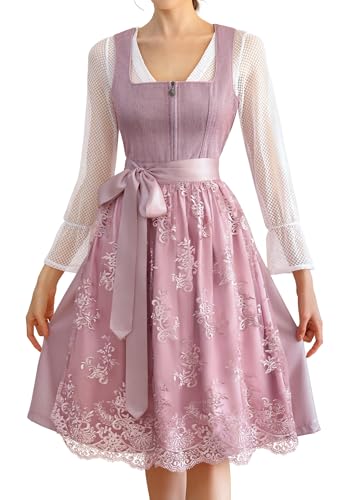 EIISSION Dirndl Damen Trachtenkleid Dirndlkleid midi Tracht Damen Lang Rosa 3 Teilig mit Trachtenrock Langärmel Dirndlbluse Schürze Trachtenmode Trachten Kleid für Oktoberfest 44 von EIISSION