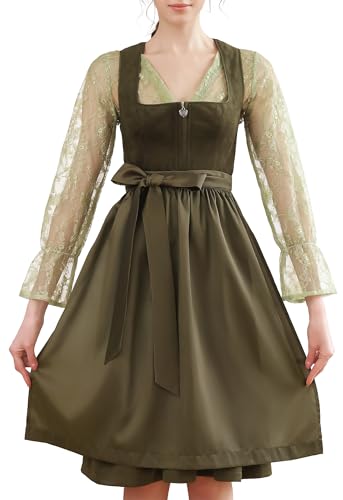 EIISSION Dirndl Damen midi Lang Dirndl Grün Trachtenkleid Trachtenrock Dirndl-Komplettsets Trachtenmode Trachten Damen mit 3 Teilig Schürze Dirndlbluse Oktoberfest Dresses Dirndlkleid 48 von EIISSION
