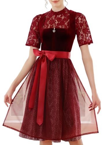 EIISSION Dirndl Damen midi Lang Dirndl Rot Trachtenkleid Trachtenrock Dirndl-Komplettsets Trachtenmode Trachten Damen mit 3 Teilig Schürze Dirndlbluse Oktoberfest Dresses Dirndlkleid 36 von EIISSION