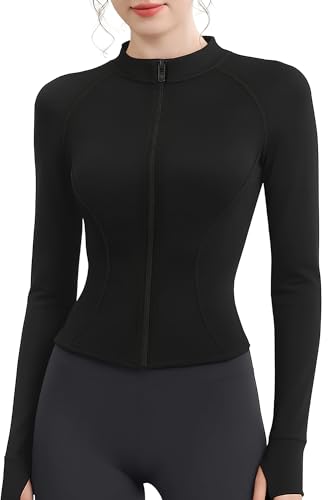 EIISSION Sportjacke Damen Laufjacke Sport Oberteil Jacke Yoga Gym Top Langarm Schwarz Trainingsjacke Winter Fitness Slim Fit Sweatjacke Reissverschluss Laufshirt mit Daumenloch M von EIISSION